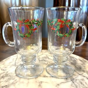 2pc VTG 1980s Libbey Christmas Wreath Pedestal Irish Coffee Cups Mugs Holiday